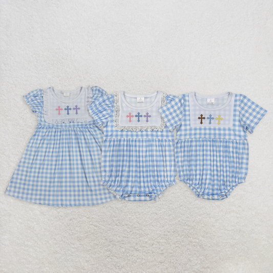Baby Girl Short Sleeves Embroidery Crosses Blue Plaid Sibling Easter Romper Dress RTS