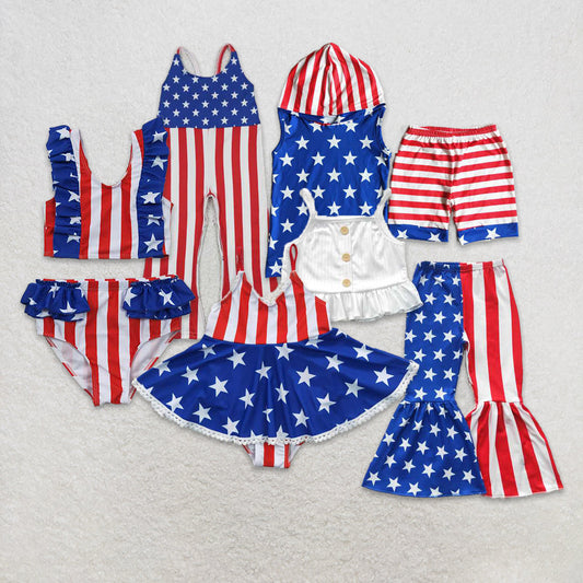 Baby Girl Summer 4th Of July Stars Stripes Sibling Swimsuit Jumpsuit Set RTS