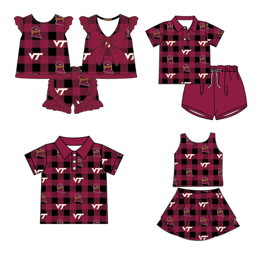 ( Moq 5 each style ) Baby Boy Girl VT Team Black Red Plaid Sibling Shirt Set