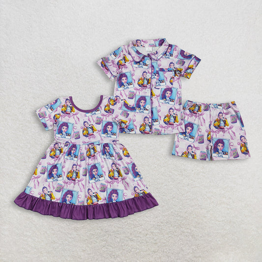 Sibling Baby Girls Short Sleeves Singer Characters Purple Bows Dress Pajamas Set RTS