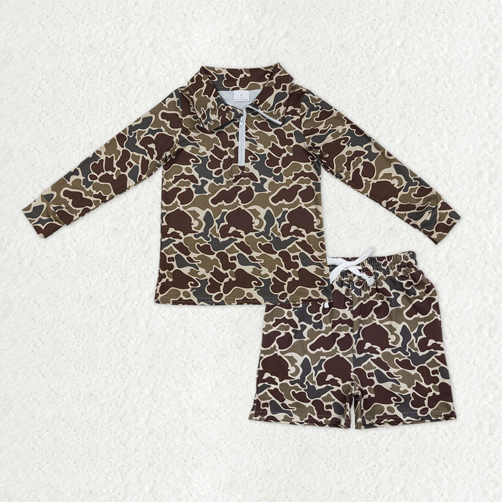 Baby Boys Kids Long Sleeves Camo Zipper Pullover Shirt Pockets Shorts Clothes Set RTS