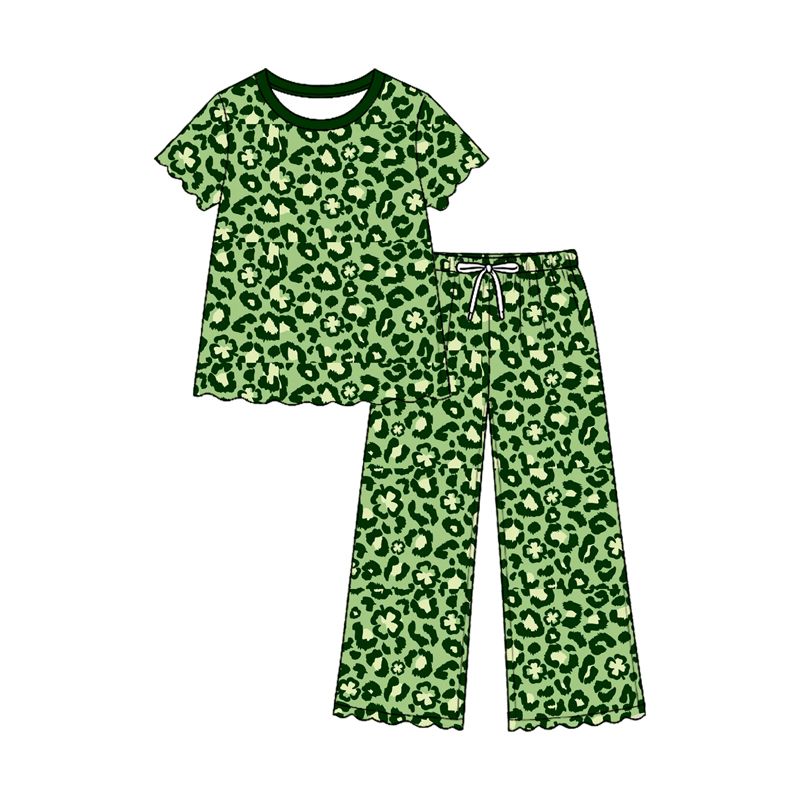 ( Moq 5 ) Preorder Baby Girls Kids Green Leopard Shirt Scalloped Pants St Patrick Set Clothes