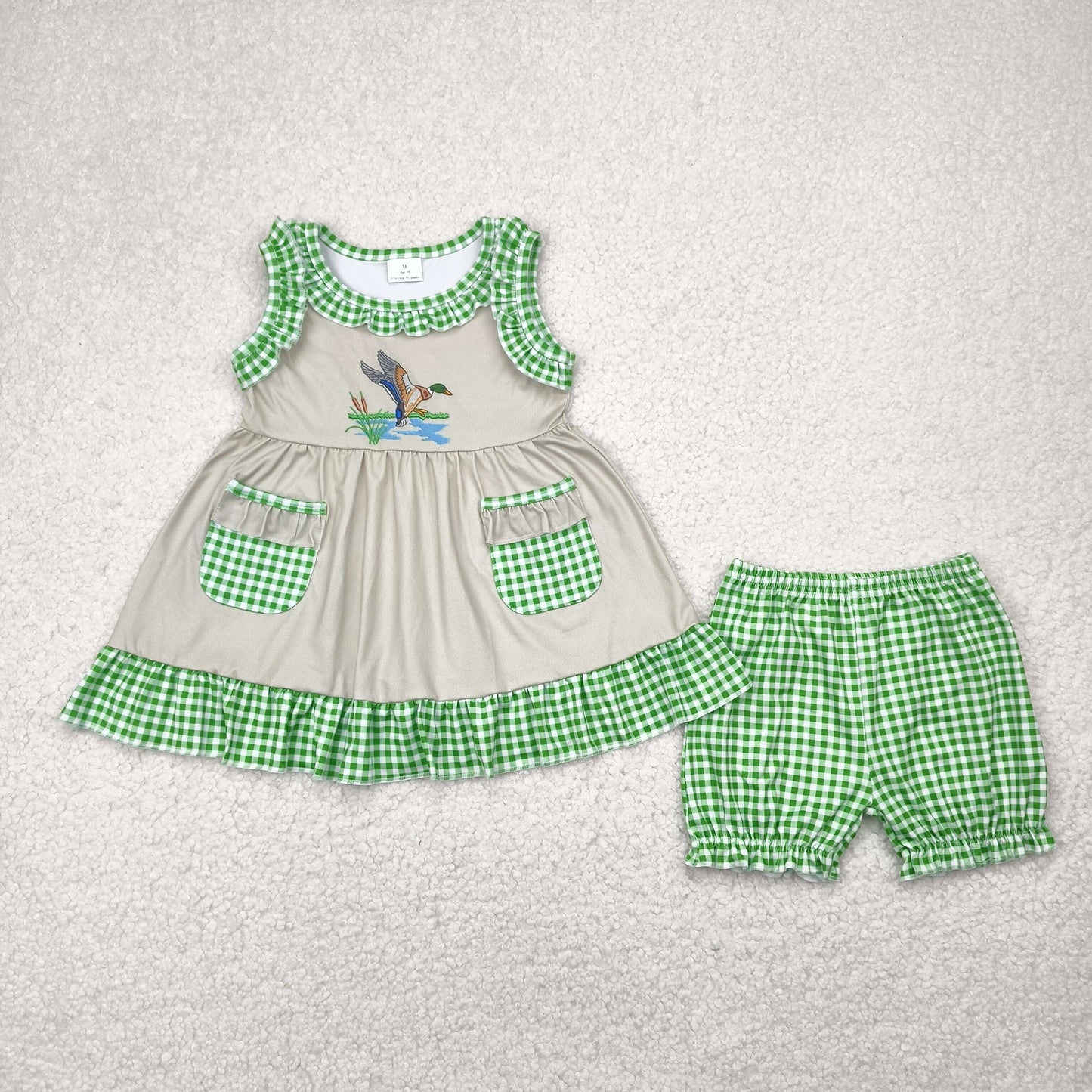 Baby Boy Summer Short Sleeves Duck Shirt Green Plaid Pocket Shorts Set