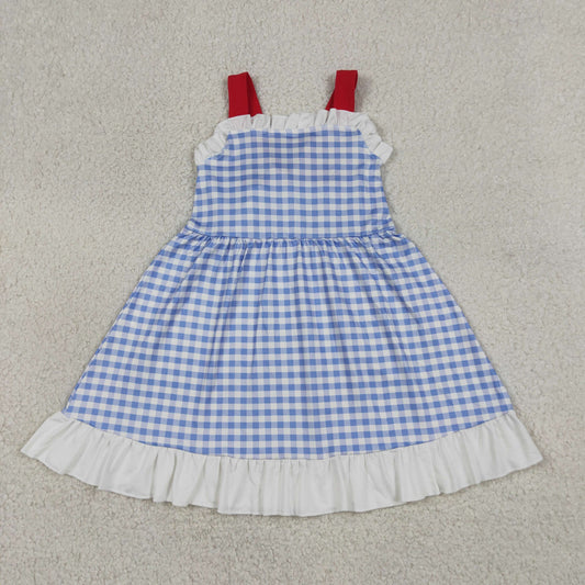 Baby Girls Sleeveless Blue Plaid Ruffle Knee length Dress 4th of July Clothes RTS