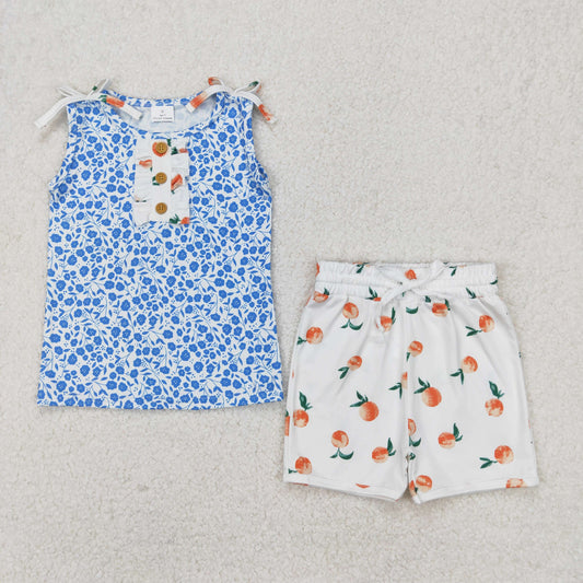 Baby Girl Bows Blue Floral Tunic Tops Peach Shorts Set RTS