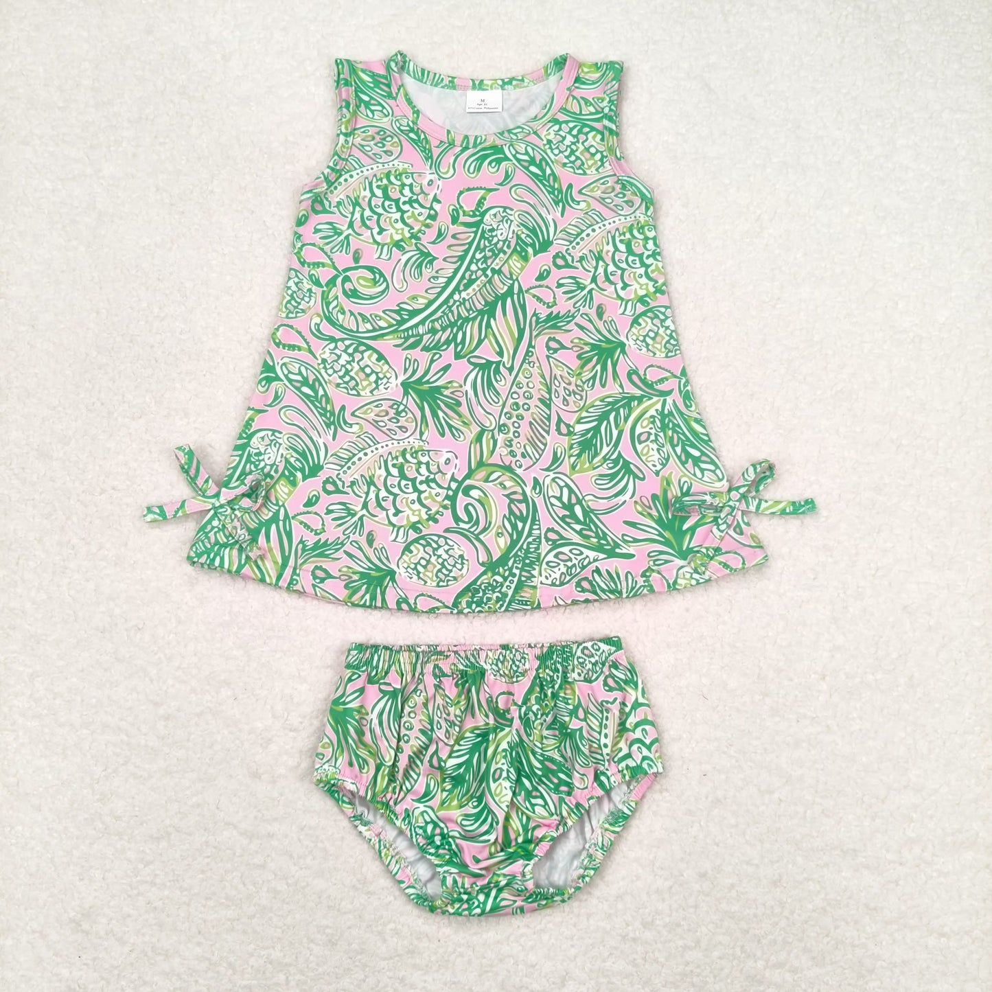 Baby Girl Sleeveless Green Fish Pink Tops Bummies Shorts Summer Set