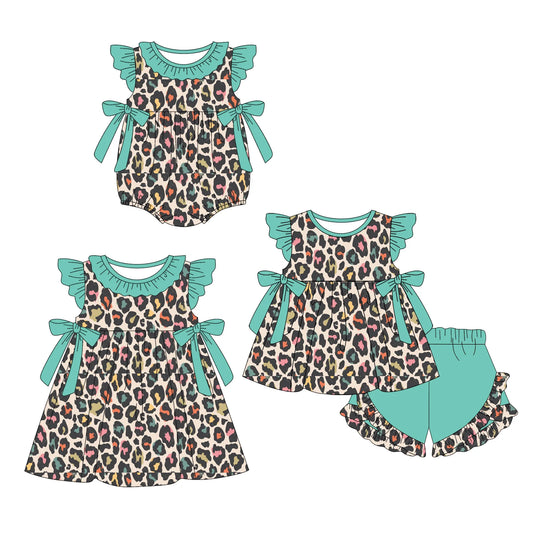 ( Moq 5 Each Style ) Baby Girls Kids Short Sleeves Leopard Bows Sibling Romper Dress Set