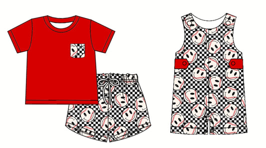 ( Moq 5 Each Style ) Baby Boy Smile Baseball Plaid Sibling Summer Romper Set 3.24
