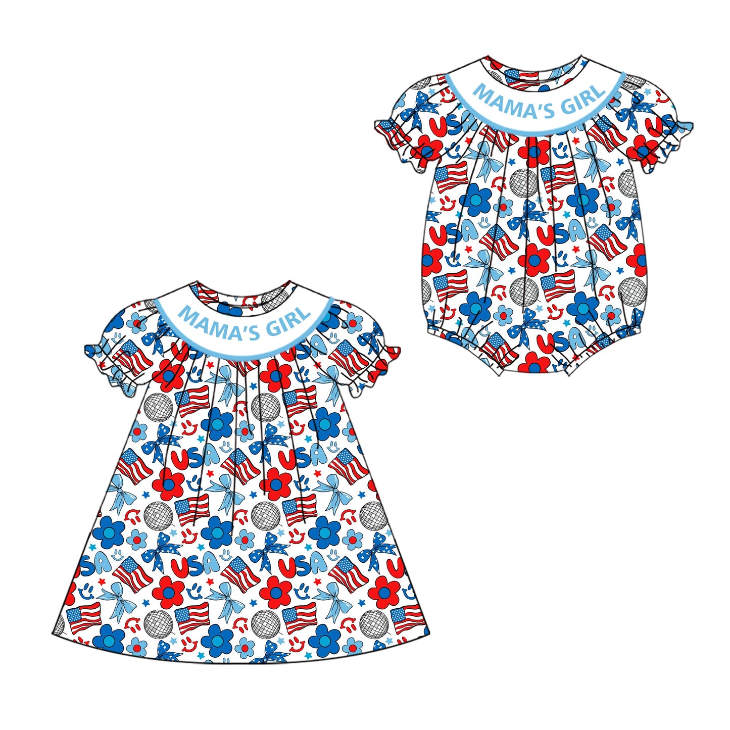 ( Moq 5 Each Style ) Baby Kids 4th Of July Flower Flags Bows Mama's Girl Sibling Romper Dress 4.19