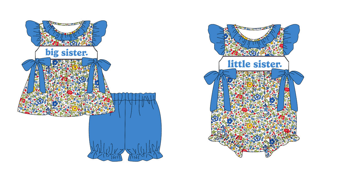 Baby Girl Blue Bows Big Little Sister Flower Sibling Romper Set ( Moq 5 Each Style ) 12.27
