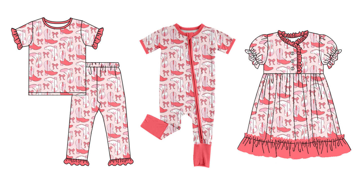 Baby Girl Short Sleeves Western Boots Bows Sibling Romper Dress Set ( Moq 5 Each Style ) 12.20