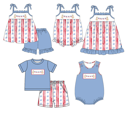 Baby Boy Girl July 4th Stars Dogs Flags Sibling Romper Dress Set ( Moq 5 Each Style ) 1.16
