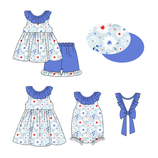 Baby Girl Flower Blue Bows Sibling Romper Dress Set ( Moq 5 Each Style ) 2.20