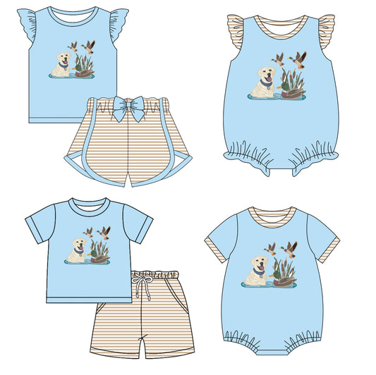 Baby Boy Girl Dogs Ducks Hunting Blue Sibling Romper Set ( Moq 5 Each Style ) 2.12