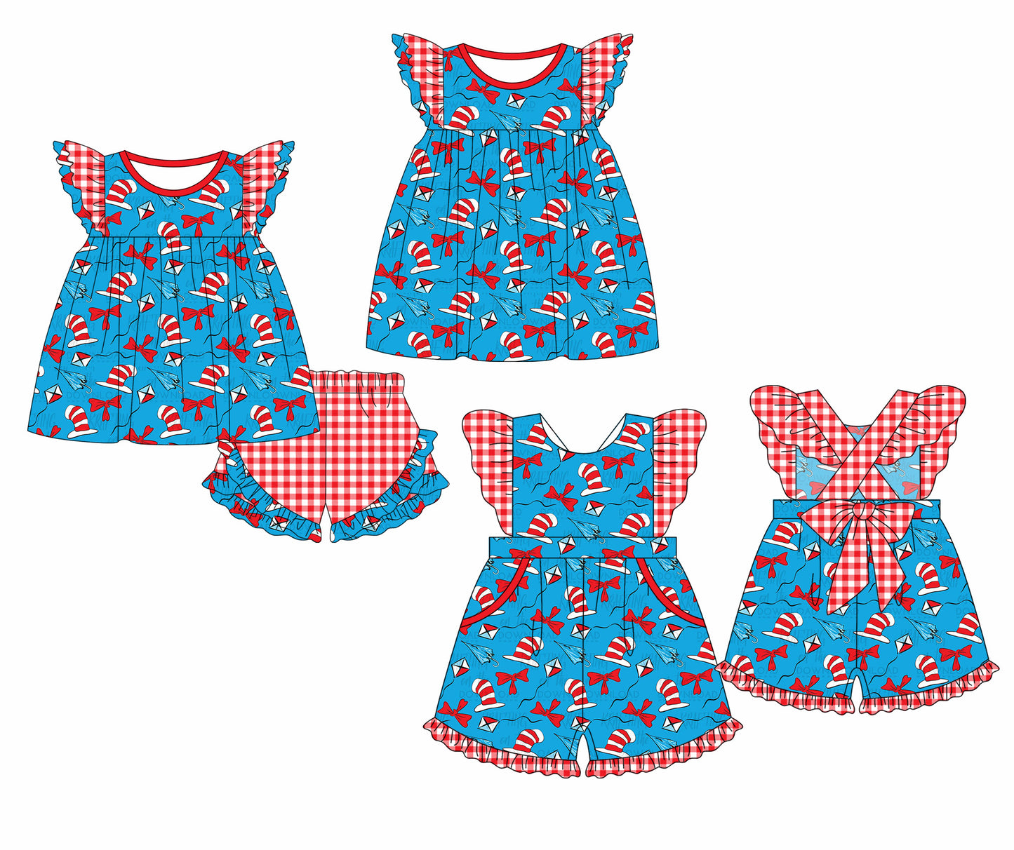 Baby Girl Short Sleeves Reading Hats Bows Sibling Romper Dress Clothes Set ( Moq 5 Each Design )11.30