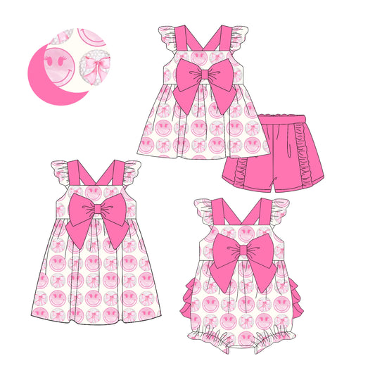 Baby Girl Short Sleeves Smile Pink Bows Sibling Romper Dress Set ( Moq 5 Each Style ) 3.13