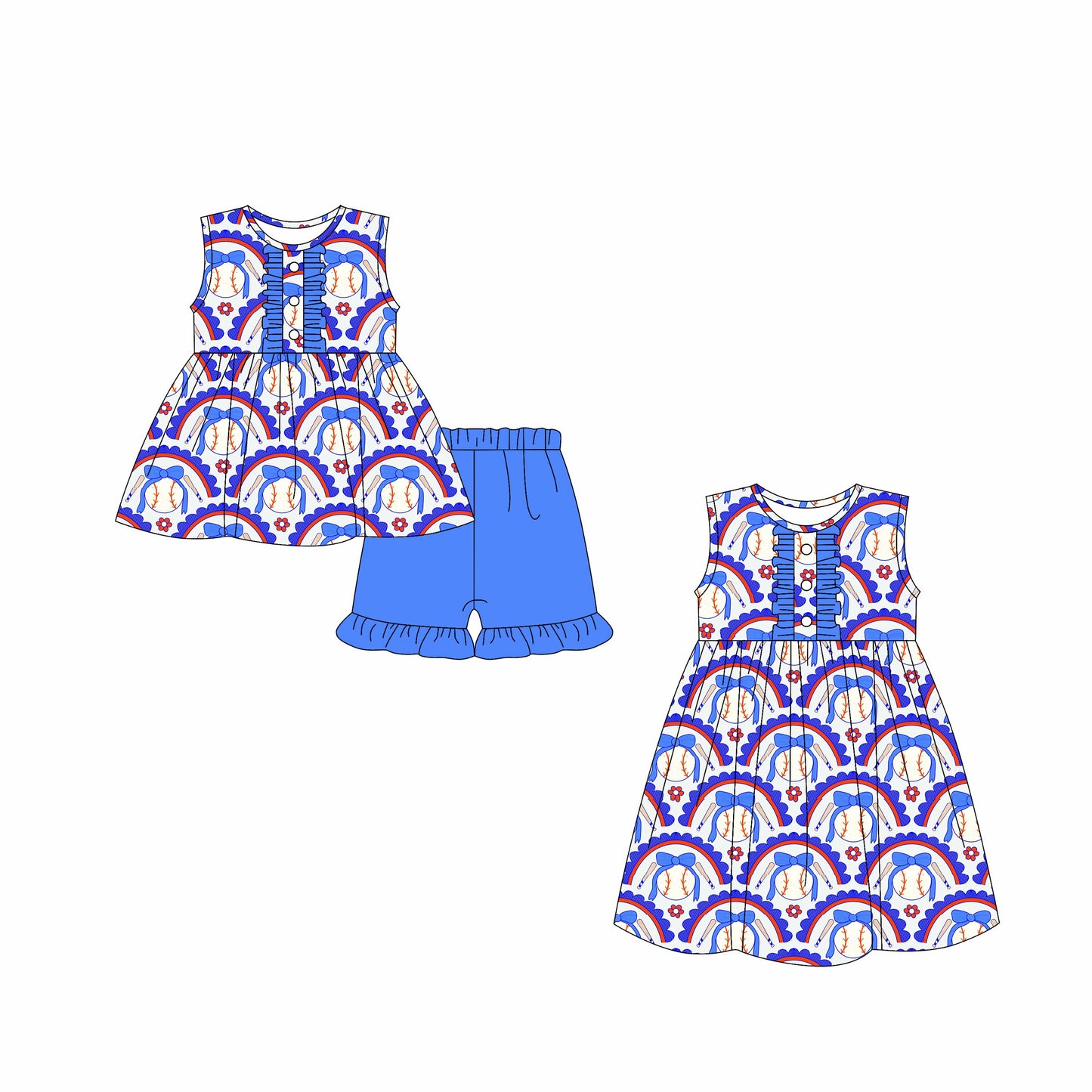 Baby Girl Sleeveless Blue Bows Baseball Sibling Dress Set ( Moq 5 Each Style ) 3.3