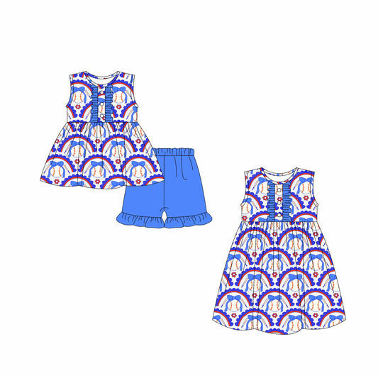 Baby Girl Sleeveless Blue Bows Baseball Sibling Dress Set ( Moq 5 Each Style ) 3.3