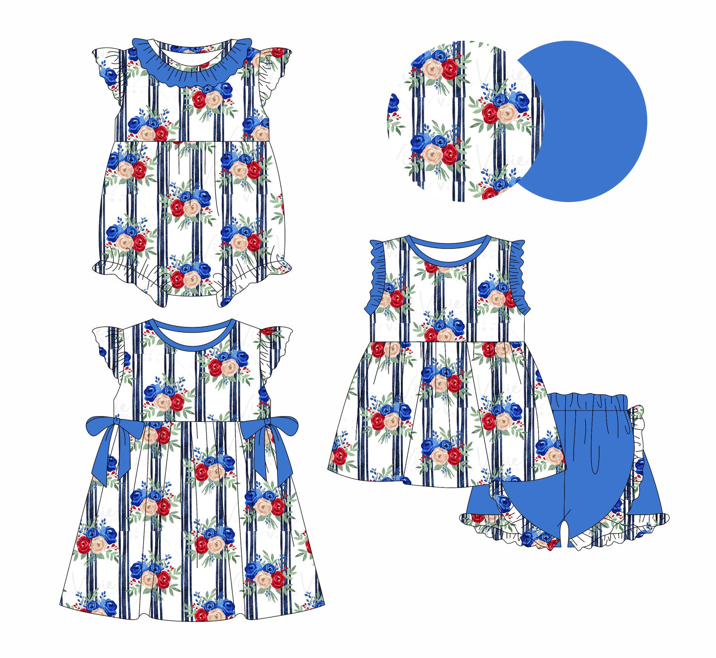 Baby Girl Flower Blue Ruffle Sibling Romper Dress Set ( Moq 5 Each Style ) 1.10