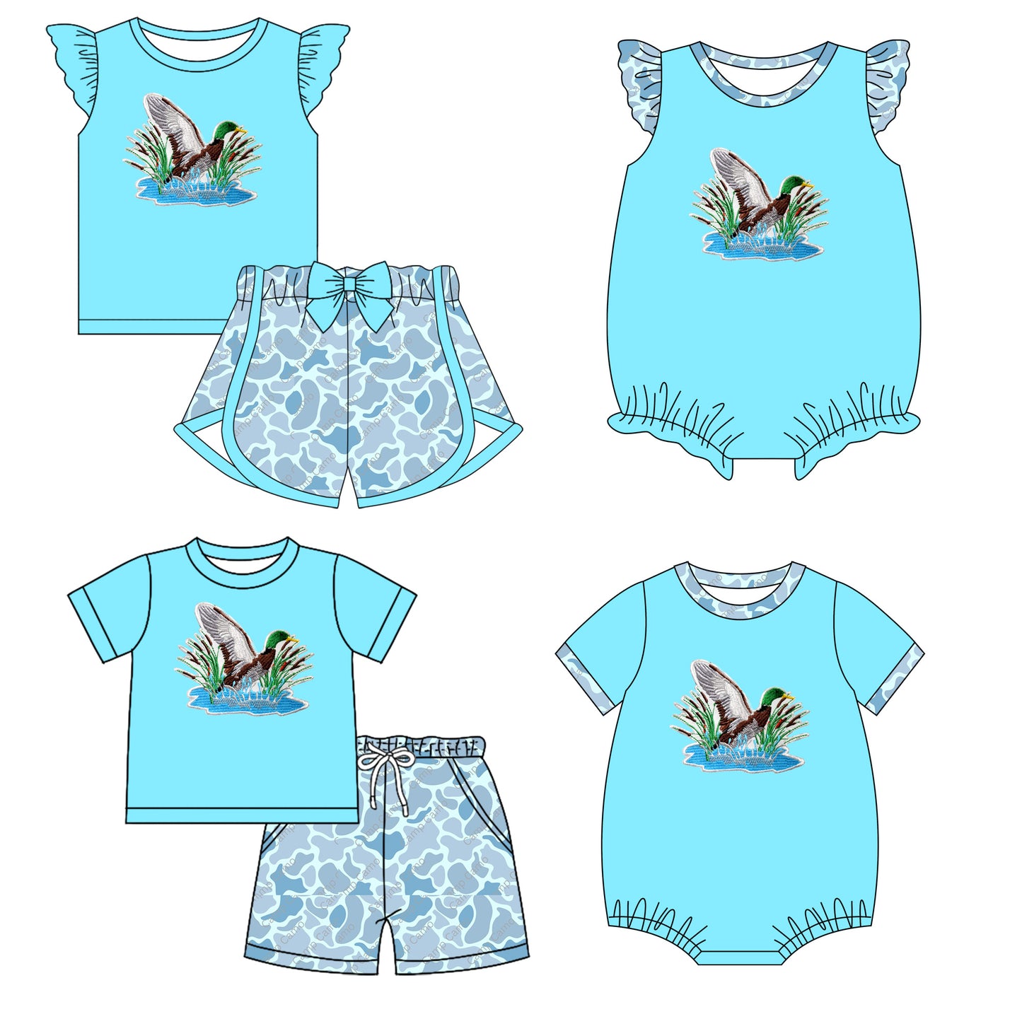 Baby Boy Girl Short Sleeves Ducks Camo Blue Sibling Romper Clothes Set ( Moq 5 Each style ) 11.28