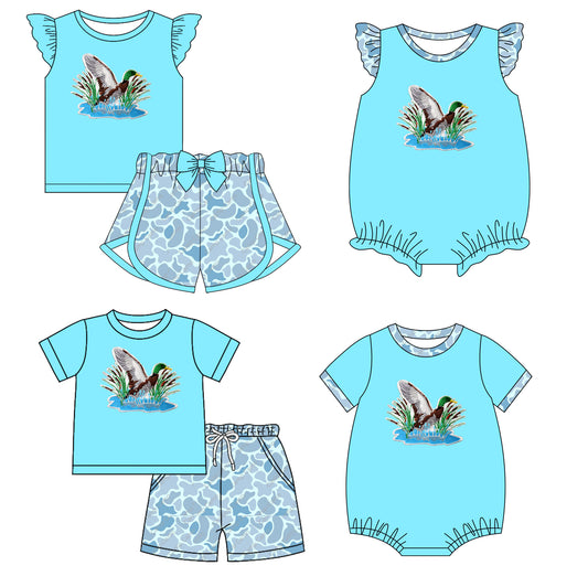 Baby Boy Girl Short Sleeves Ducks Camo Blue Sibling Romper Clothes Set ( Moq 5 Each style ) 11.28