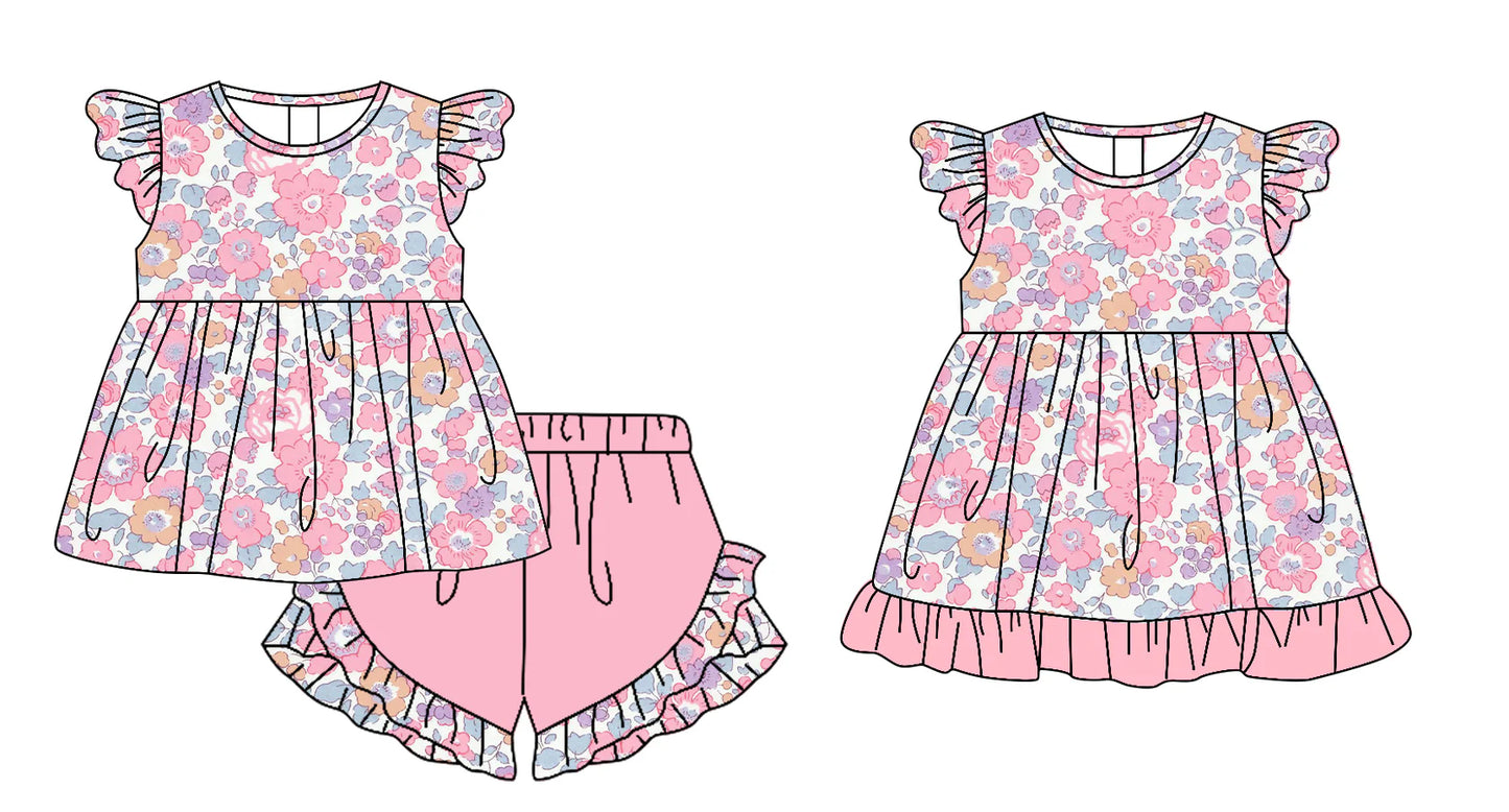 ( Moq 5 Each Style ) Baby Girls Kids Short Sleeves Flower Sibling Pink Ruffle Dress Set