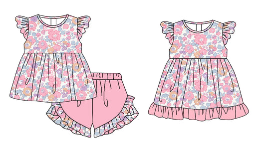 ( Moq 5 Each Style ) Baby Girls Kids Short Sleeves Flower Sibling Pink Ruffle Dress Set