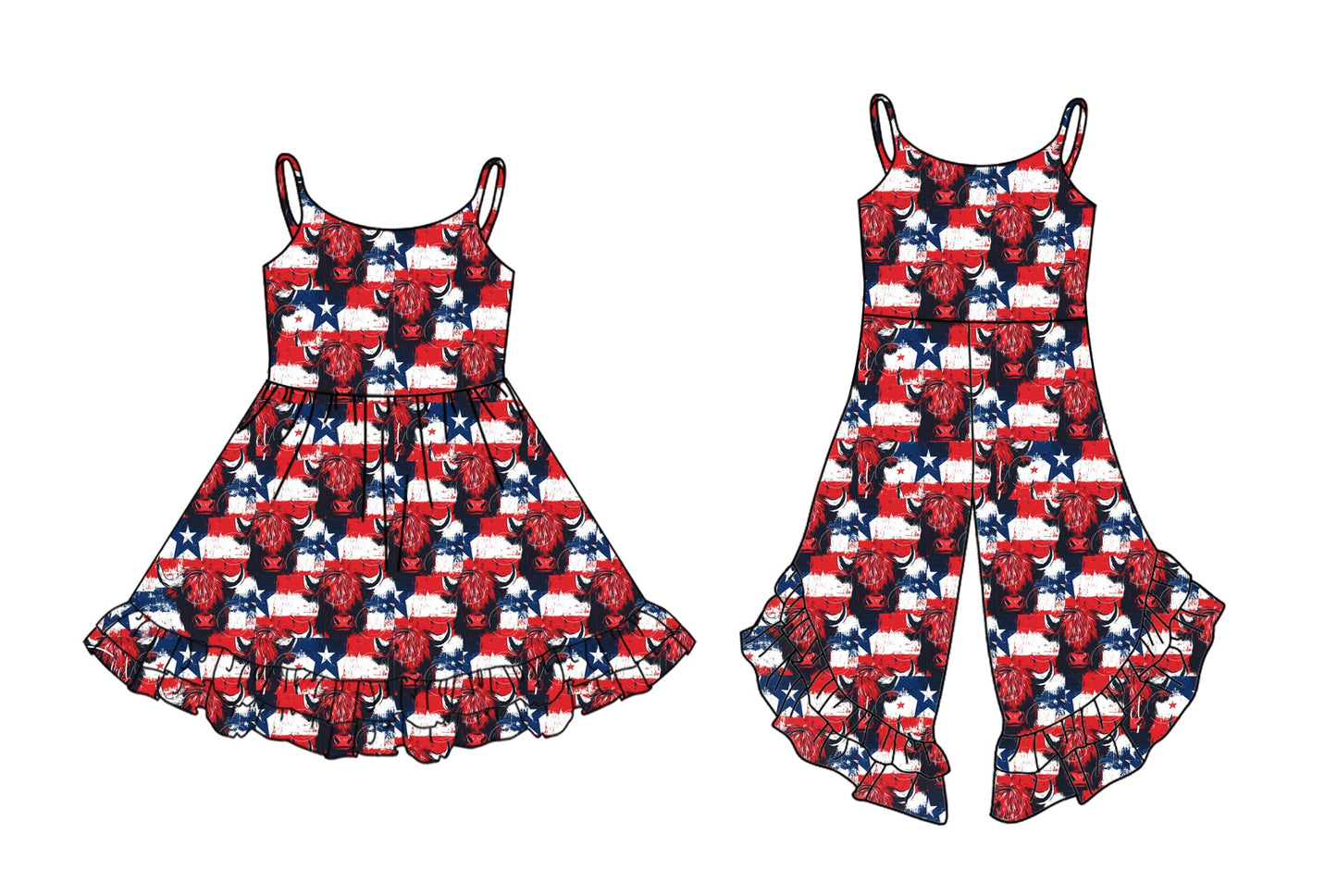 Baby Girl Straps July 4th Cow Stars Sibling Jumpsuit Dress ( Moq 5 Each Style ) 2.27