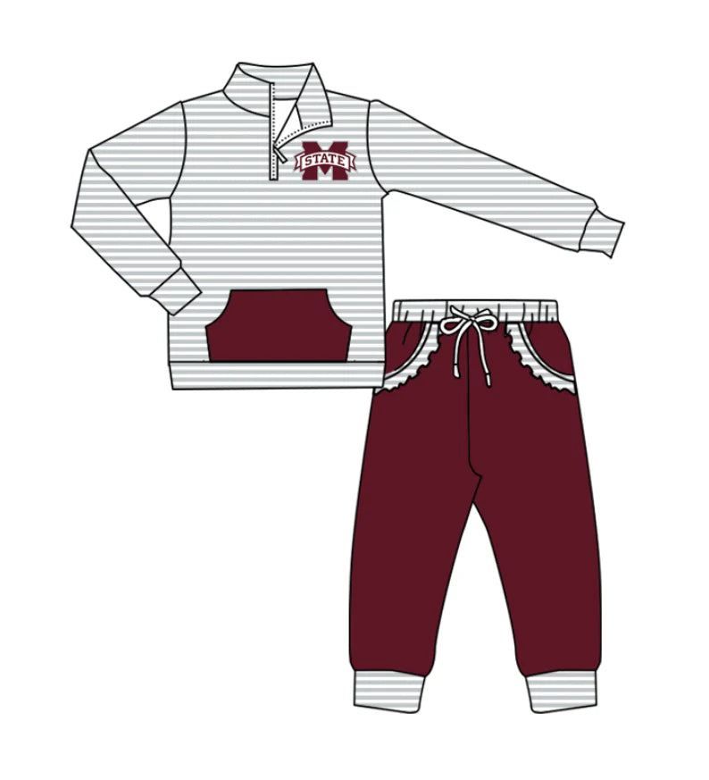 ( Moq 5 ) Baby Girls Toddler Stripes Long Sleeves Zipper Pullover Pockets Pants M State Team Clothes Outfit