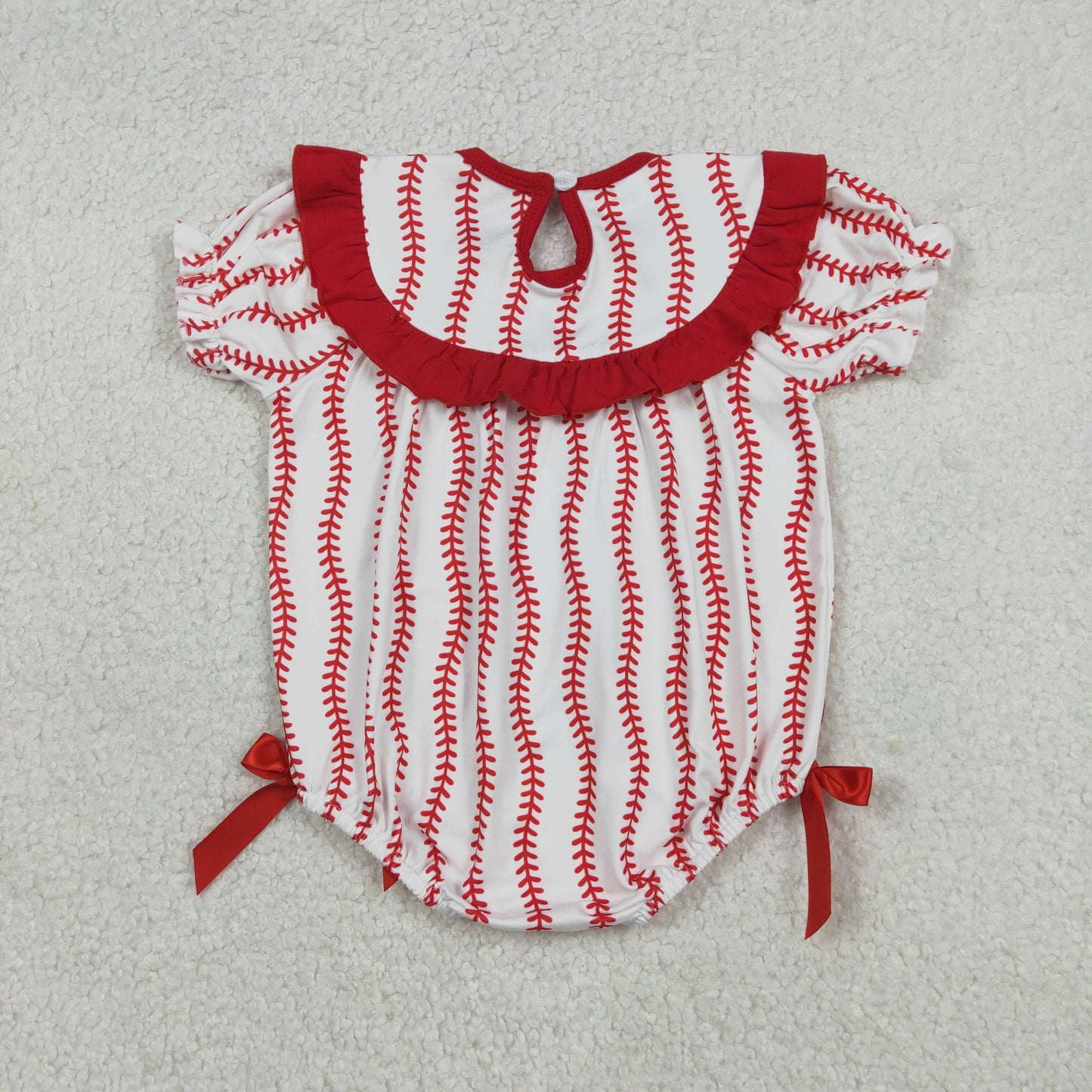 Baby Girls Short Sleeves Embroidery Bows Baseball Team Red Ruffle Smocked Bubble Romper RTS