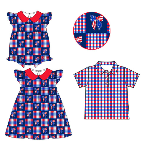 ( Moq 5 Each Style ) Sibling Baby Boys Girls Bows Plaid Romper Dress Shirt 4th of July Clothes