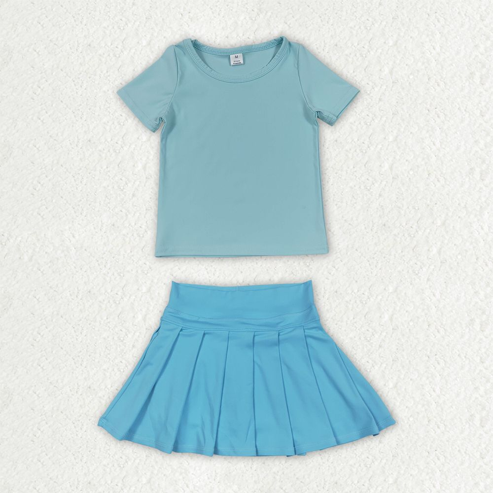 Baby Girls Kids Short Sleeves Blue Shirt Skirt Shorts Yoga Active Set Clothes RTS