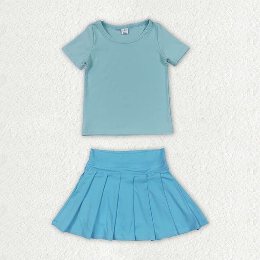 Baby Girls Kids Short Sleeves Blue Shirt Skirt Shorts Yoga Active Set Clothes RTS
