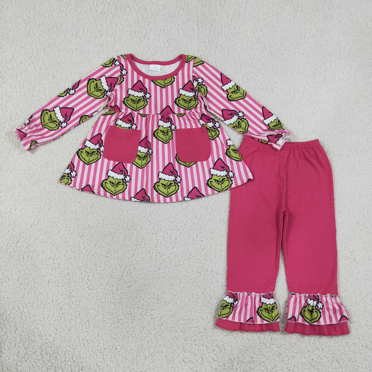 Baby Girl Kids Christmas Green Face Stripes Pockets Tunic Pink Pants Set Clothes RTS