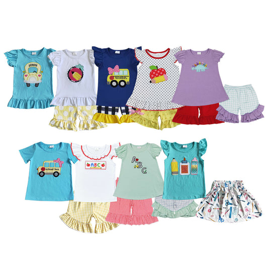 Baby Girl Short Sleeves Embroidery Sibling Back to School Outfit Clothes RTS