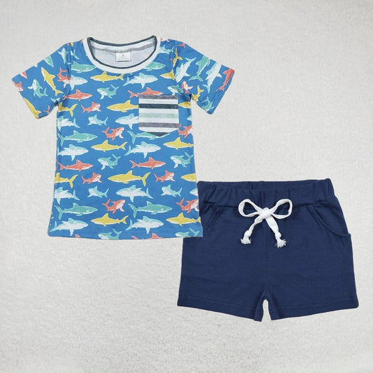 Baby Boy Fishing Stripes Pocket Shirt Navy Cotton Shorts Summer Set