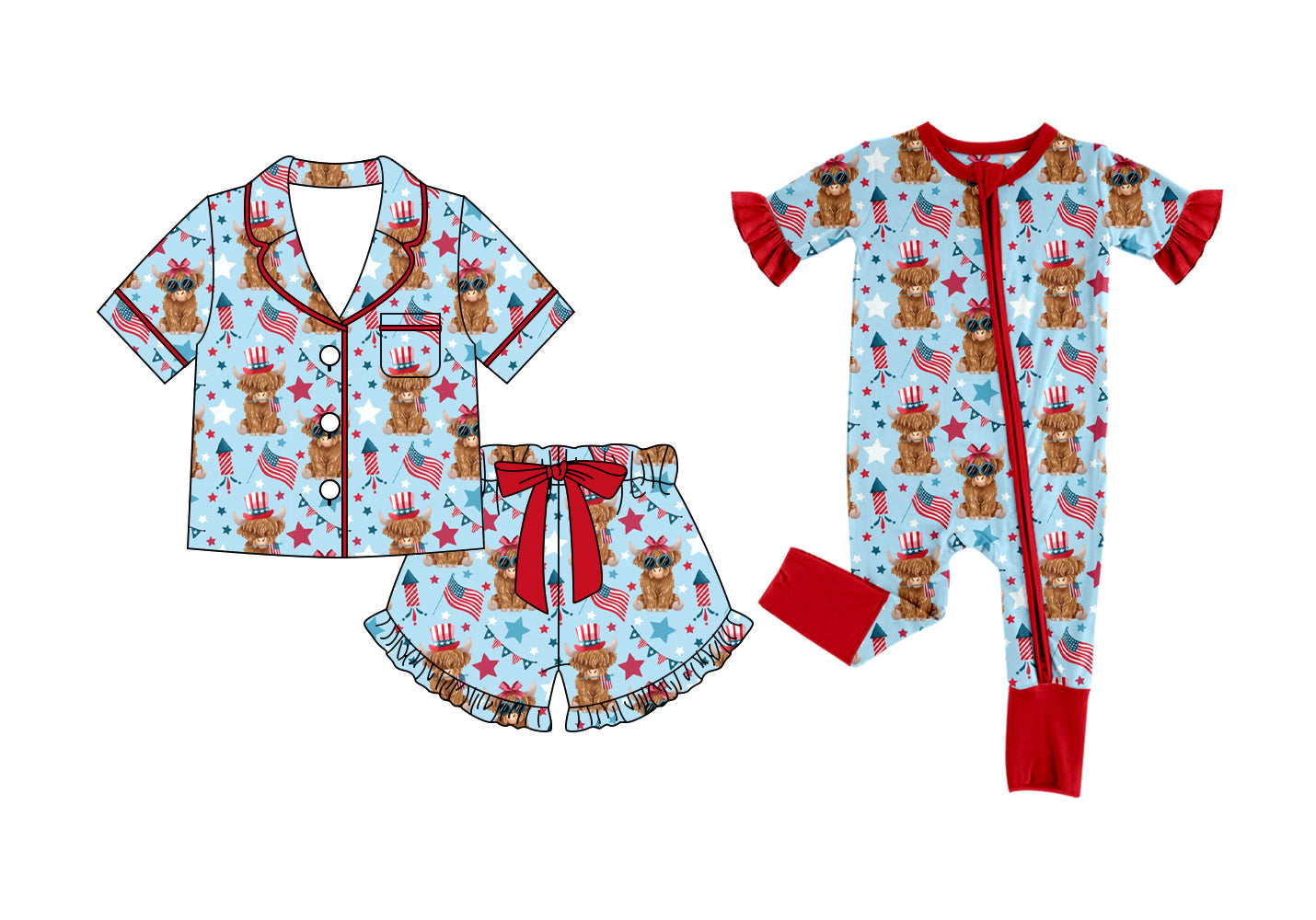 ( Moq 5 Each Style ) Baby Girls Kids Toddler Cow Bows Sibling 4th of July Romper Pajamas Set