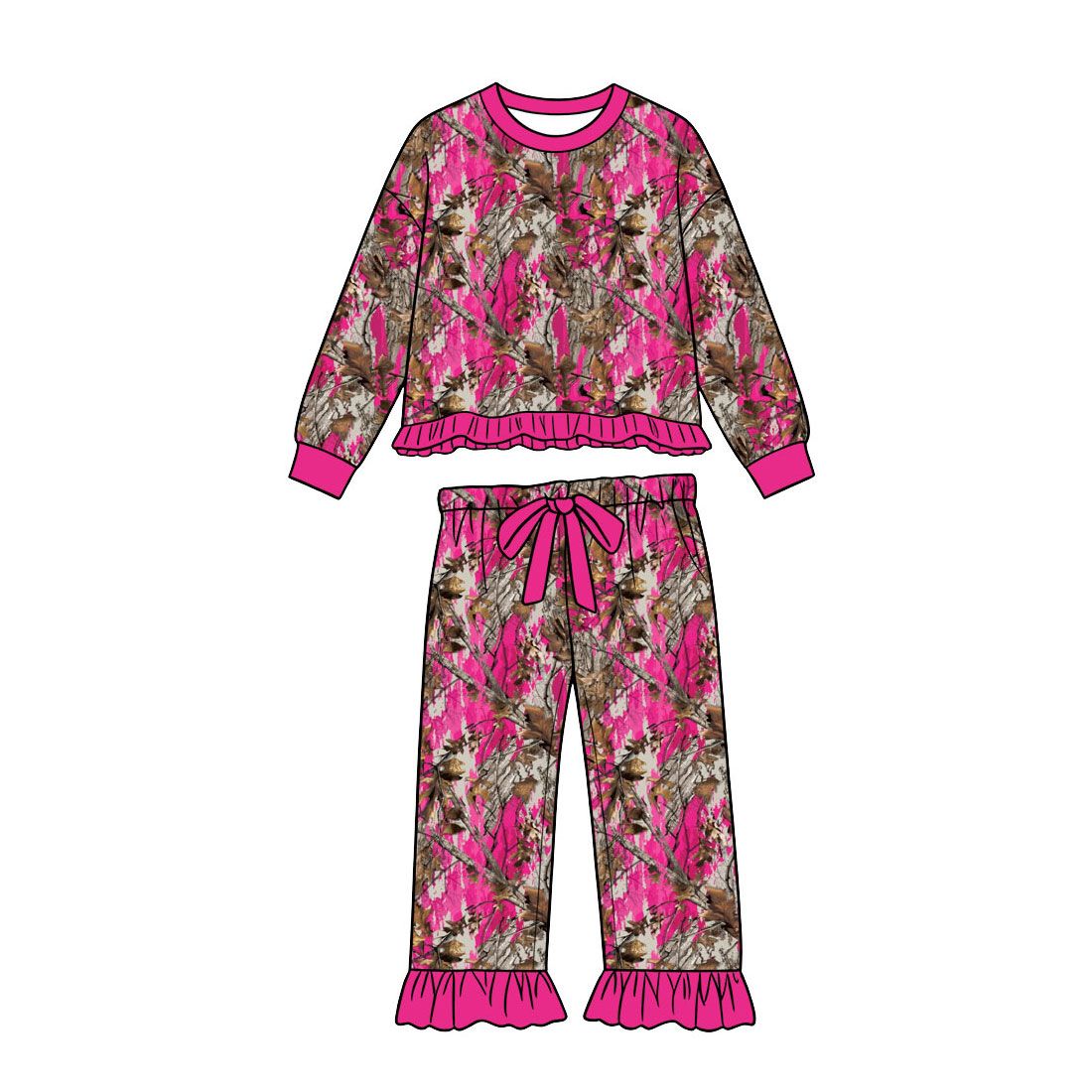 ( Moq 5 ) Preorder Baby Girls Kids Long Sleeves Leaves Shirt Pants Camo Set Pink Clothes