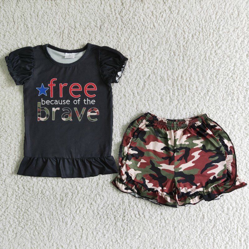 Promotion Baby Girl Summer Short Sleeves Shirt Ruffle Camo Shorts Outfit