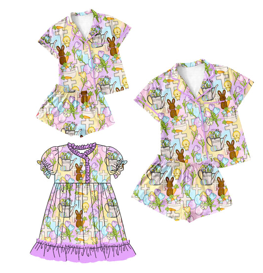 Baby Girl Toddler Adult Women Easter Eggs Flower Sibling Family Dress Pajamas Set ( Moq 5 Each Style ) 12.12