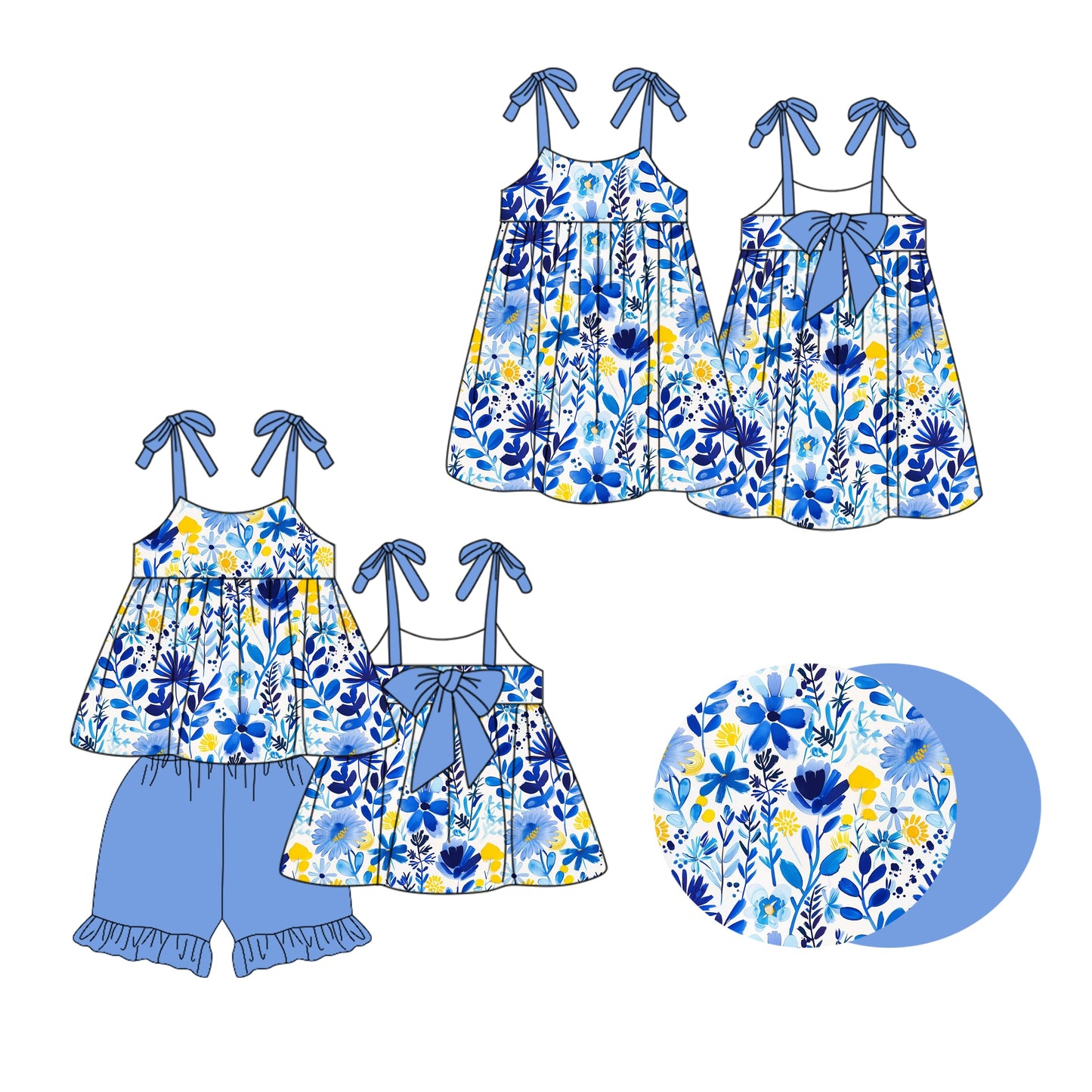 Baby Girl Flower Blue Straps Sibling Dress Set ( Moq 5 Each Style ) 1.20