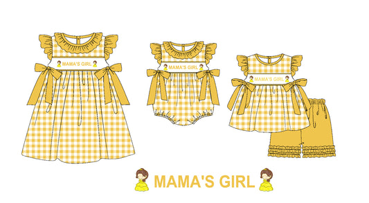 Baby Kids Mama's Girl Yellow Bows Sibling Princess Romper Dress Clothes Set ( Moq 5 Each Design )11.19