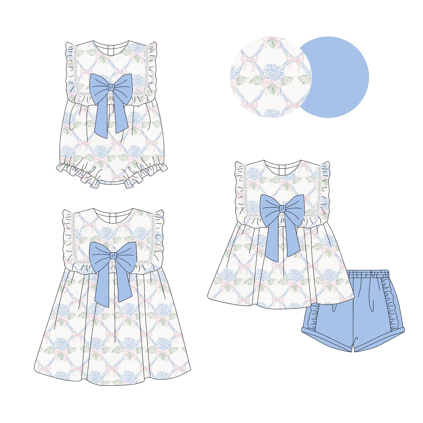 Baby Girl Flower Bows Blue Sibling Romper Dress Set ( Moq 5 Each Style ) 3.14