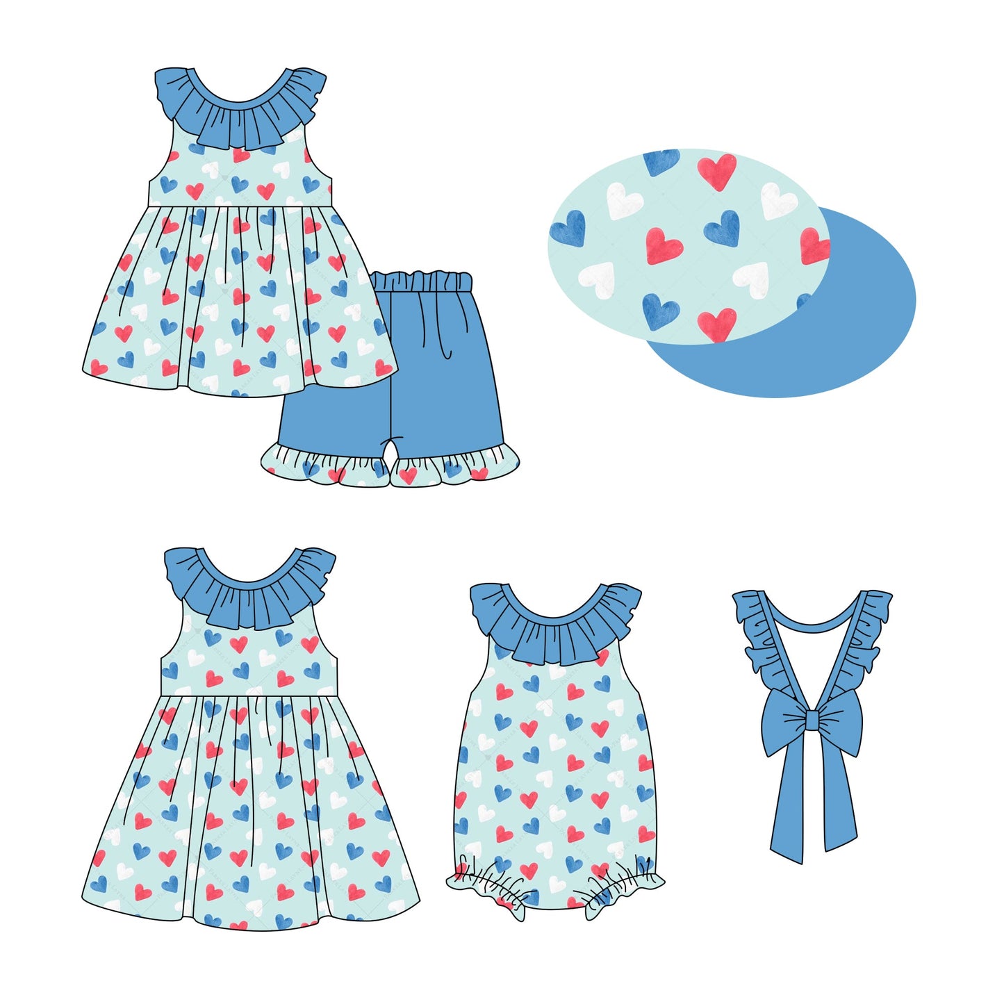 Baby Girl Hearts Blue Bows Sibling Romper Dress Set ( Moq 5 Each Style ) 2.20