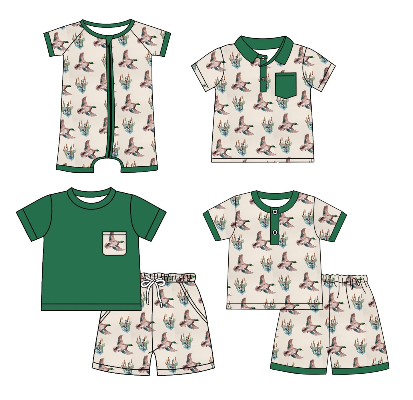 Baby Boy Short Sleeves Ducks Green Sibling Romper Shirt Set ( Moq 5 Each Style ) 3.4
