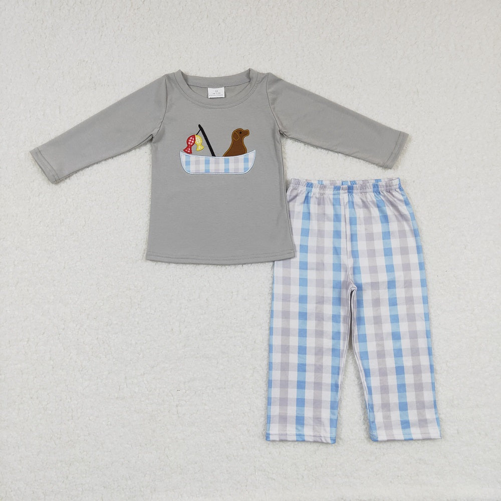 LR0690 Baby Boy Long Sleeves Embroidery Fishing Dog One Piece Romper