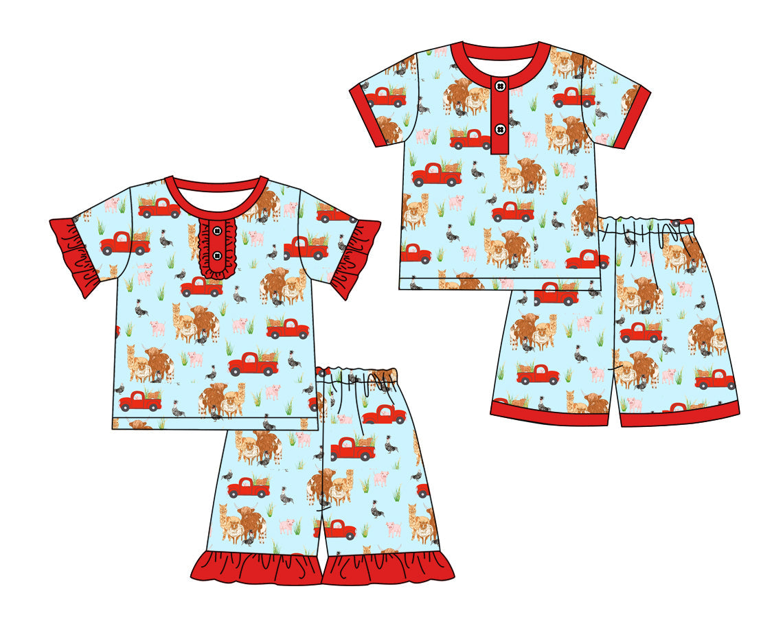 Baby Boy Girl Short Sleeves Farm Animals Truck Sibling Pajamas Set ( Moq 5 Each Style ) 12.17