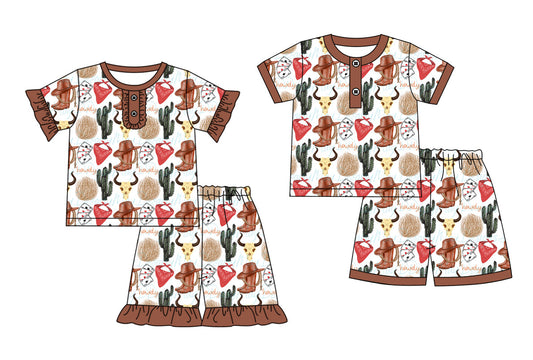 Baby Boy Girl Western Cactus Boots Cow Sibling Pajamas Set ( Moq 5 Each Style ) 1.23