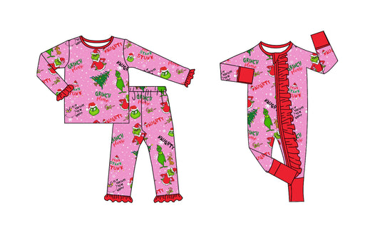 ( Moq 5 Each Style ) Baby Girl Toddler Green Face Christmas Pink Sibling Romper Set
