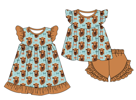 Baby Girl Short Sleeves Western Bows Cow Sibling Dress Set ( Moq 5 Each Style ) 3.1
